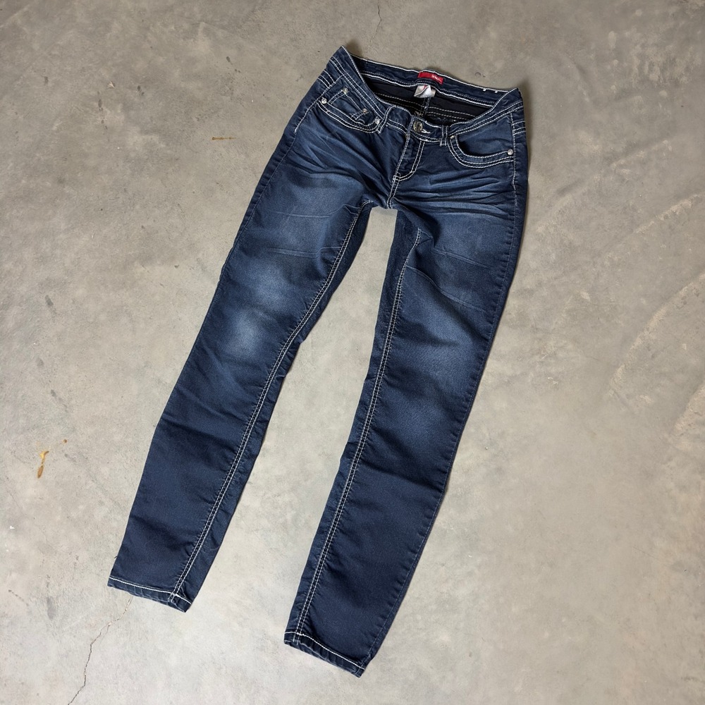 Y2K Bongo Skinny Jeans Womens‎ 9 Dark Contrast Stitch Rhinestone Bling Low Rise